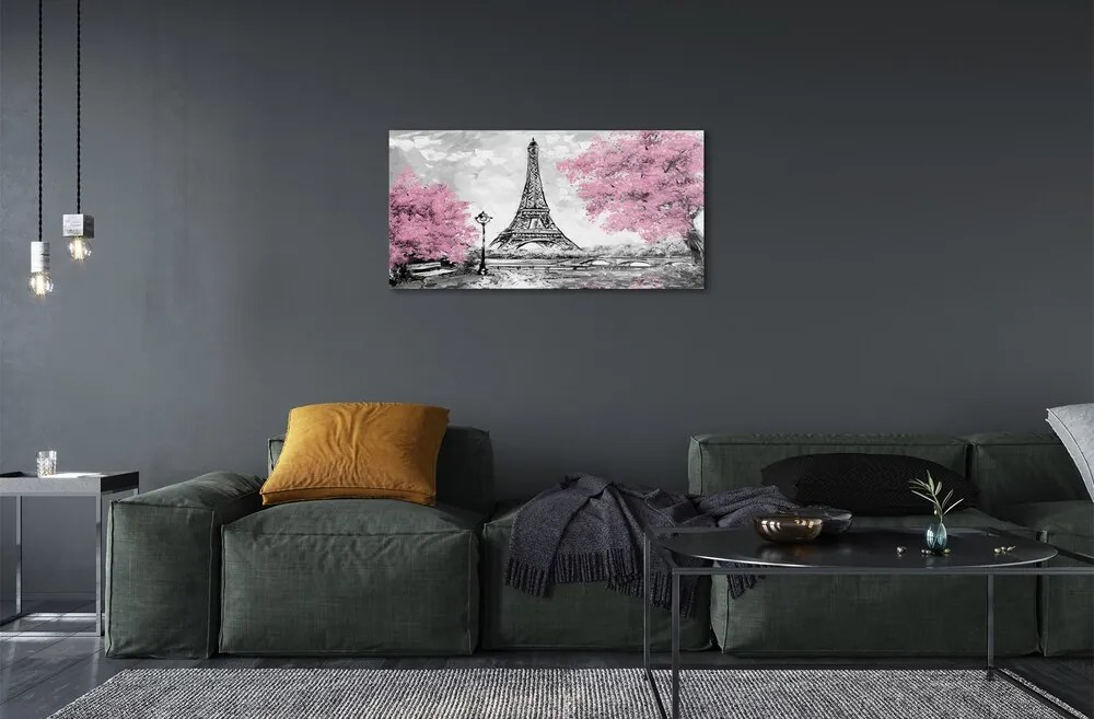 Quadro in vetro Parigi alberi primavera 100x50 cm 2 appendini