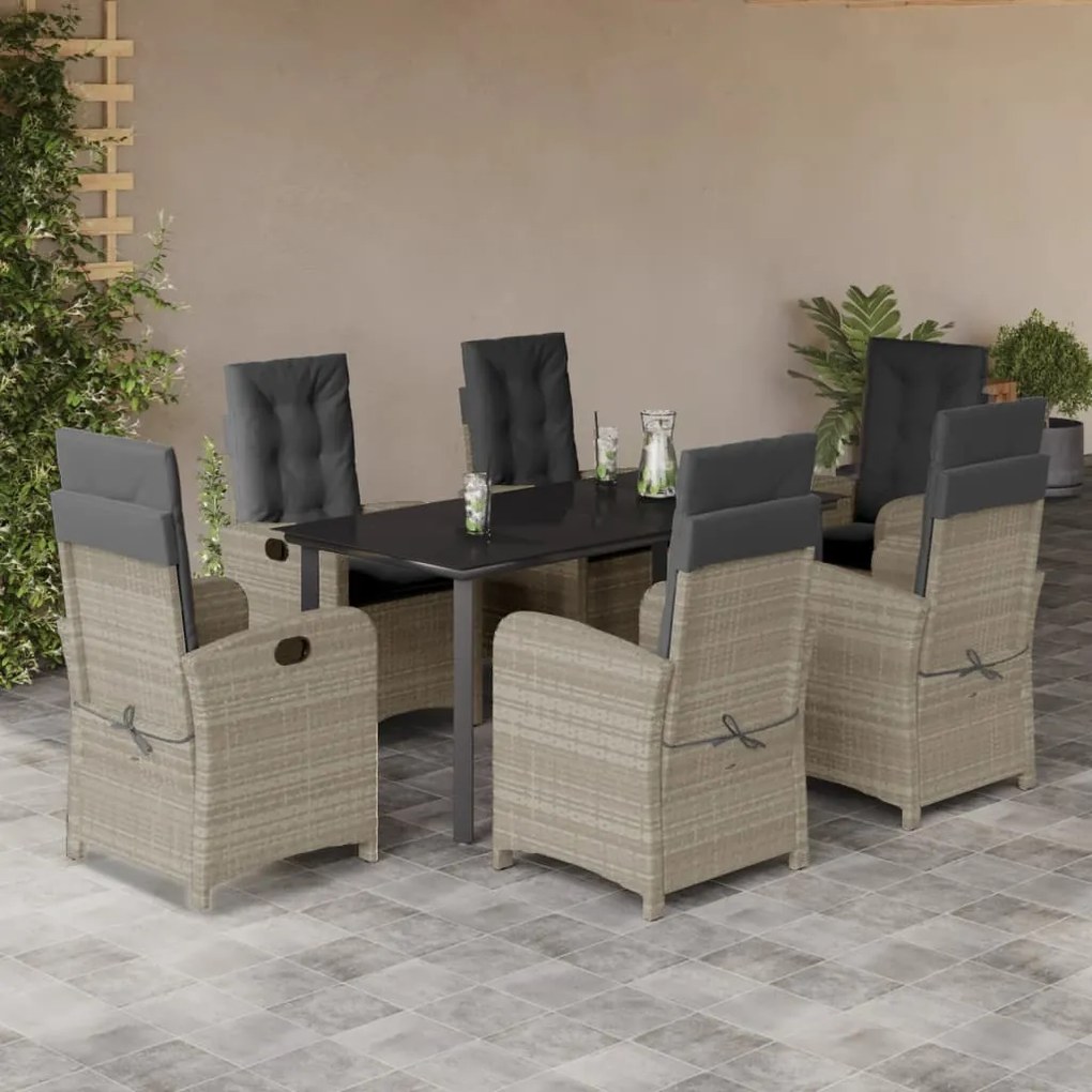 Set da pranzo da giardino 7 pz cuscini polyrattan grigio chiaro