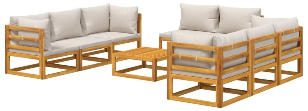 Set salotto giardino 9pz cuscini grigio chiaro legno massello