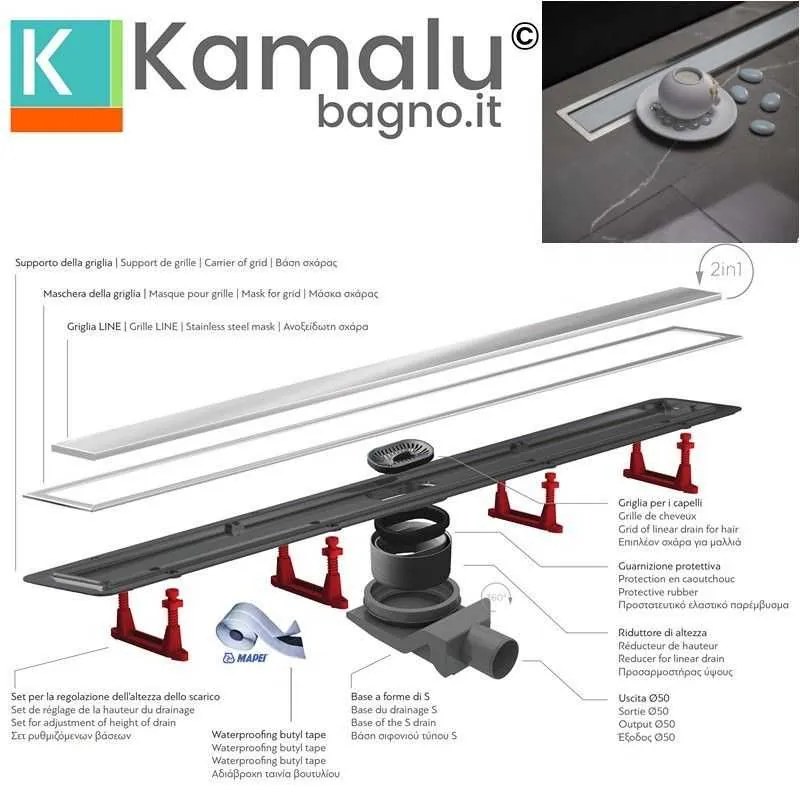 Kamalu - canaletta doccia 30cm con coperchio in vetro bianco cb-300