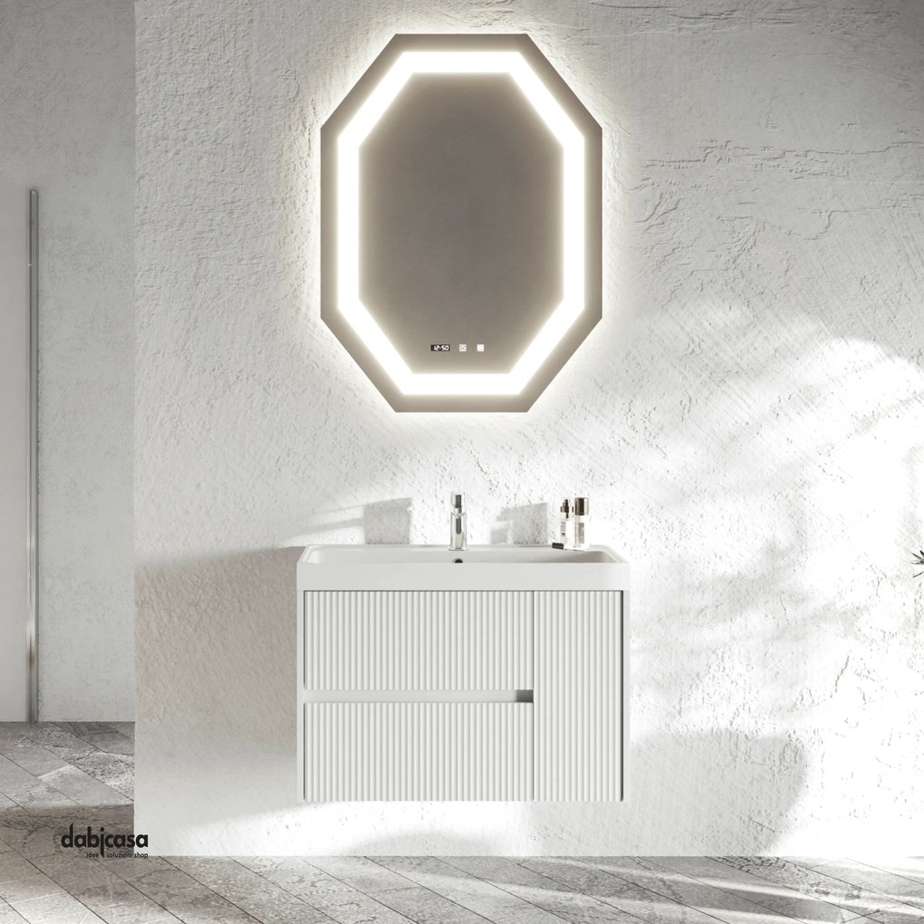 Mobile Bagno Sospeso "Portofino" Da 80 Cm Composto Da Due Cassetti Ed Un'Anta Lavabo E Specchio Finitura Bianco Opaco