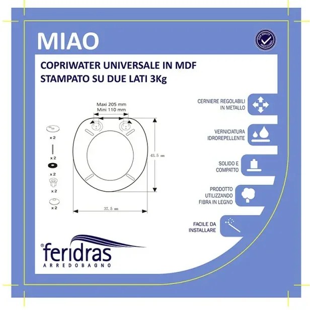 Copriwater universale in legno MDF stampato miao e cerniere regolabili