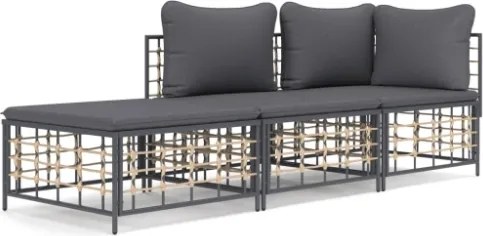 Set Divani da Giardino 3 pz con Cuscini Antracite in Polyrattan