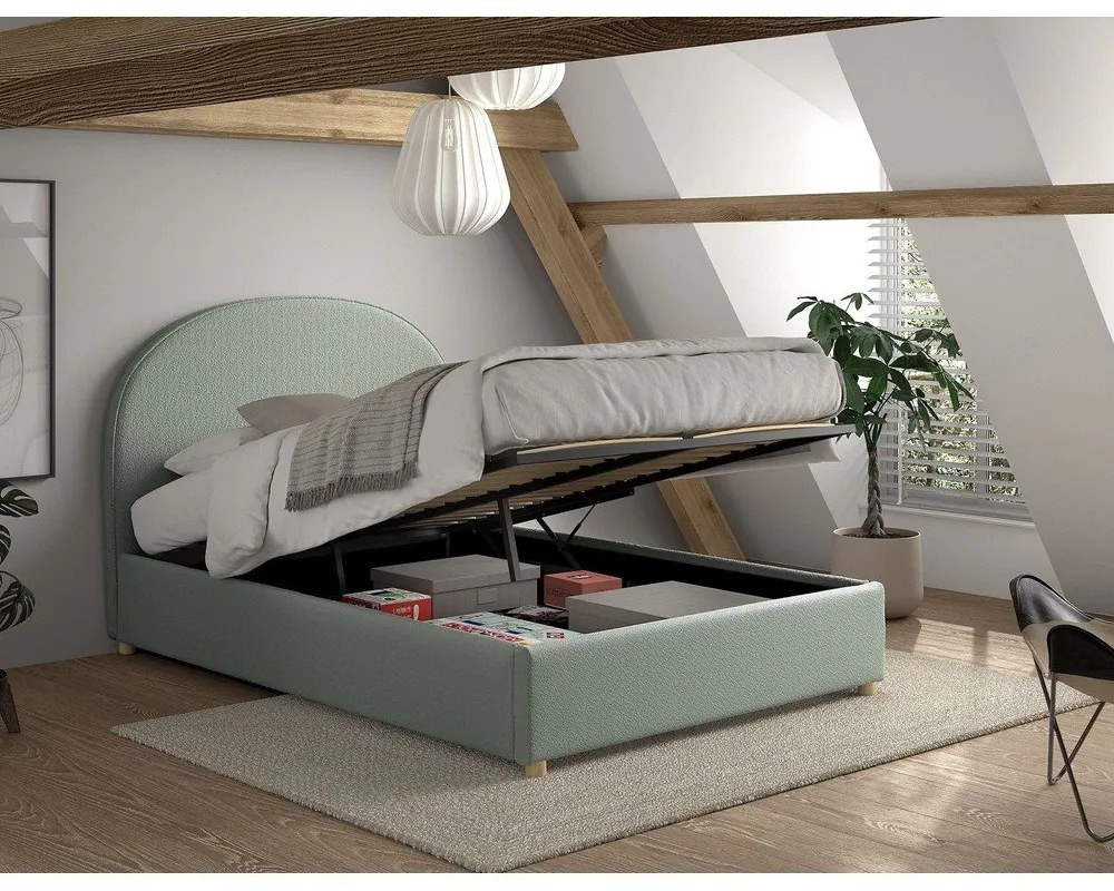 Letto matrimoniale imbottito verde con contenitore con rete inclusa 140x200 cm Moon – Vipack