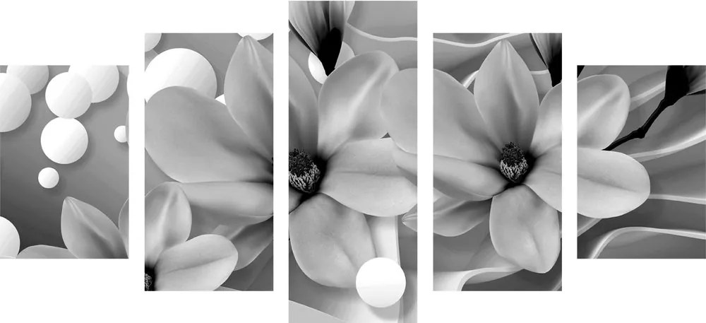 Quadri 5 pezzi – Magnolia bianca e nera su sfondo astratto