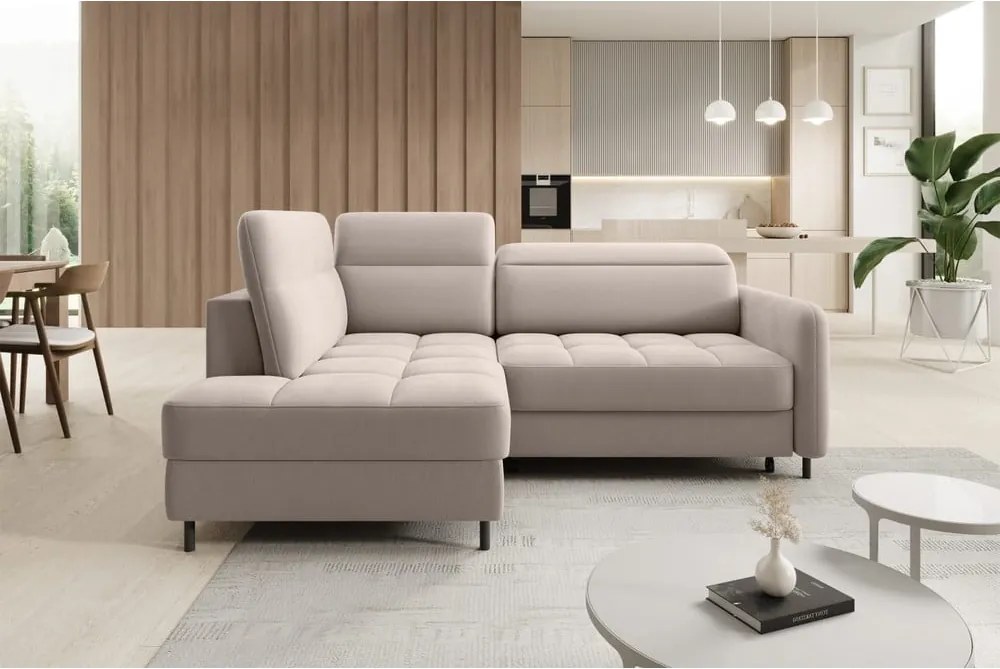 Divano angolare marrone chiaro allungabile/con contenitore (con penisola a sinistra/a L) e rivestimento in velluto Barea – ELTAP