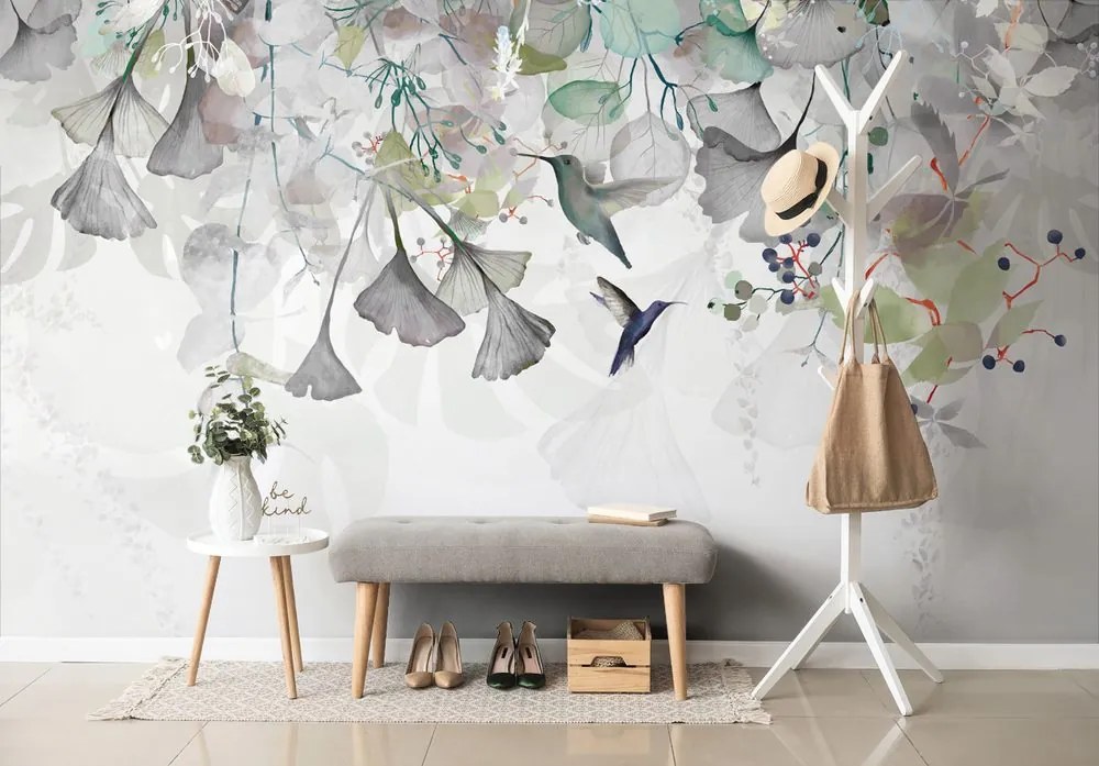 Carta da parati – Foglie con Colibrì in Verde-Grigio