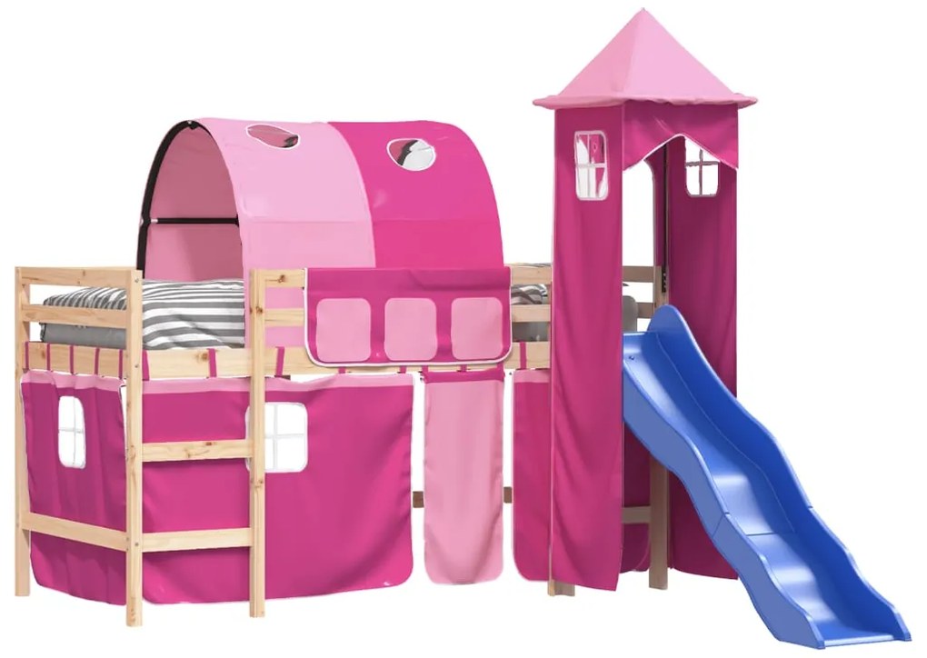 Letto a soppalco con torre bambini rosa 80x200cm massello pino