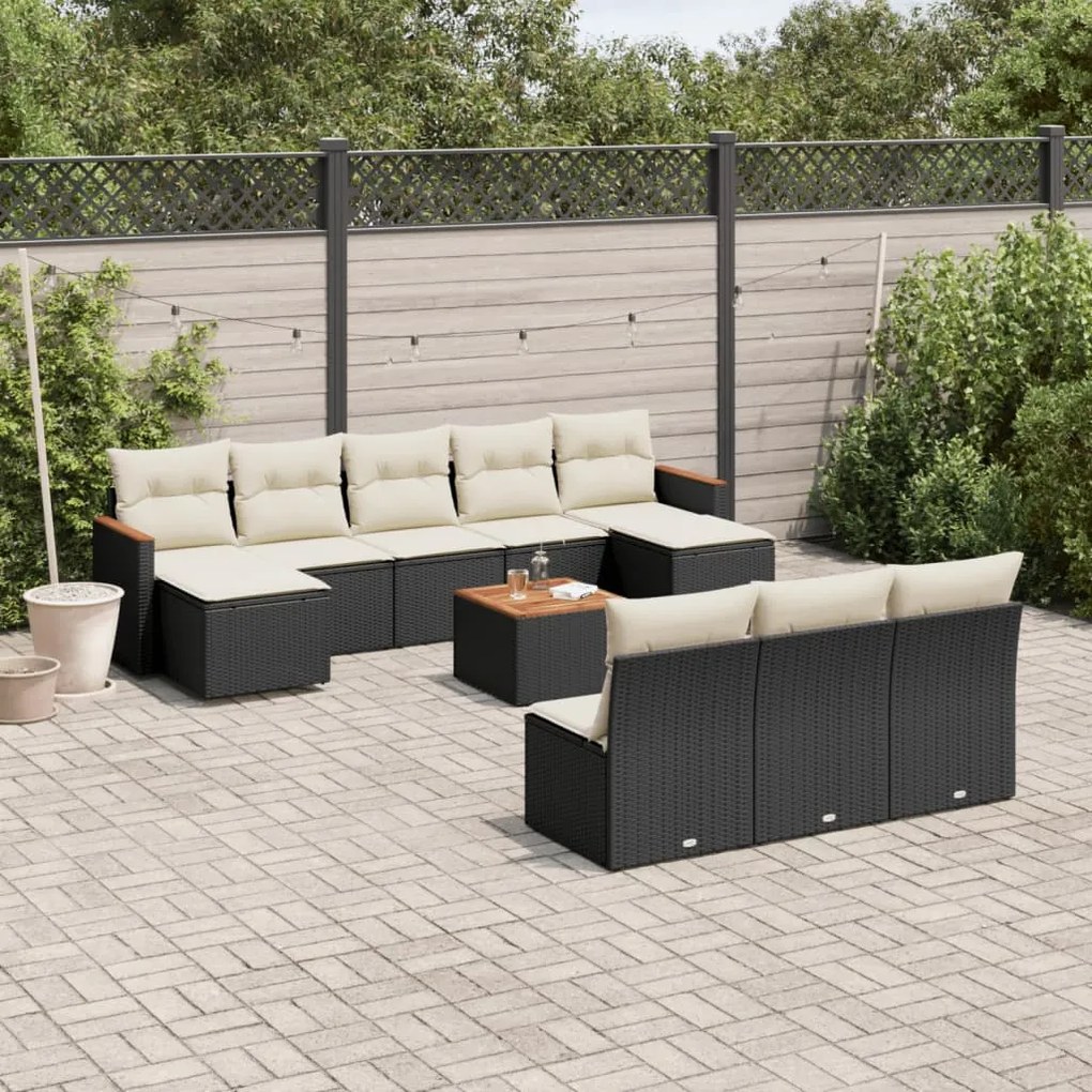 Set divani da giardino 11 pz con cuscini in polyrattan nero