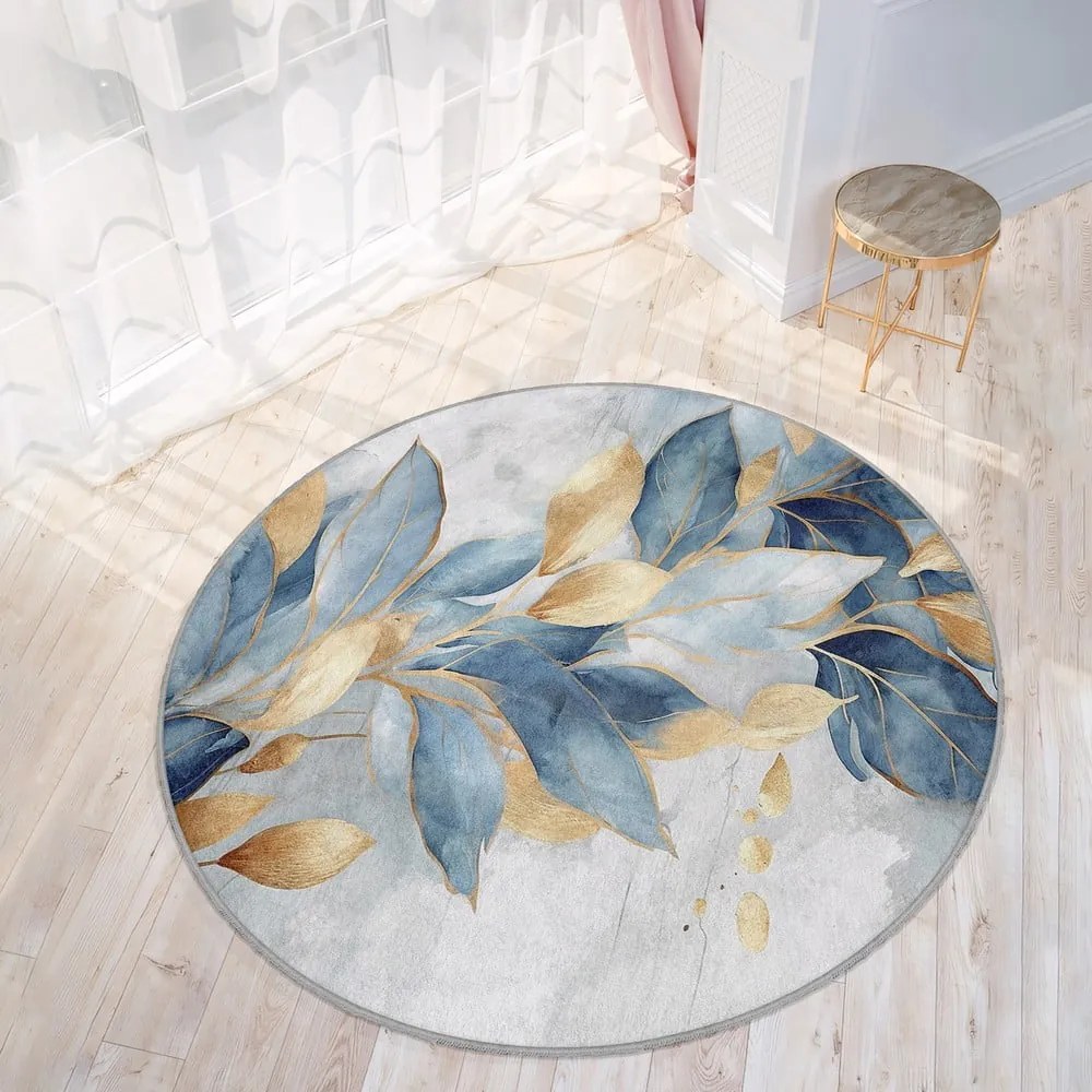 Tappeto rotondo blu/dorato lavabile ø 120 cm Golden Leaves – Mila Home