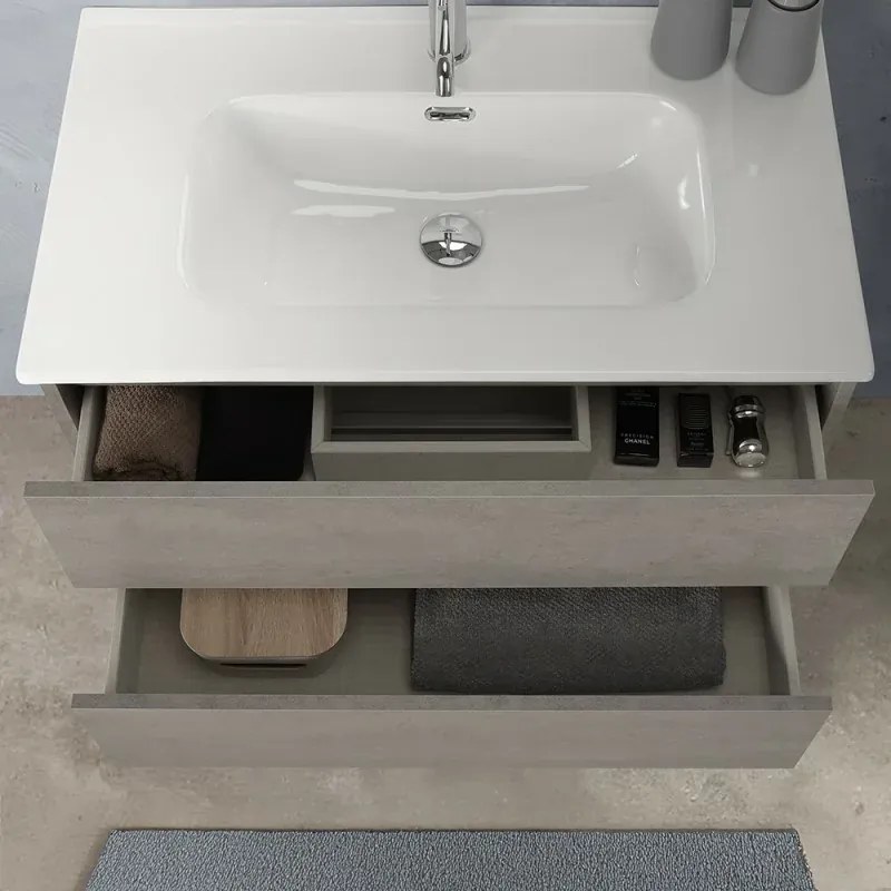 Mobile bagno sospeso 80 cm in legno grigio cemento 2 cassettoni con lavabo e specchio Leda