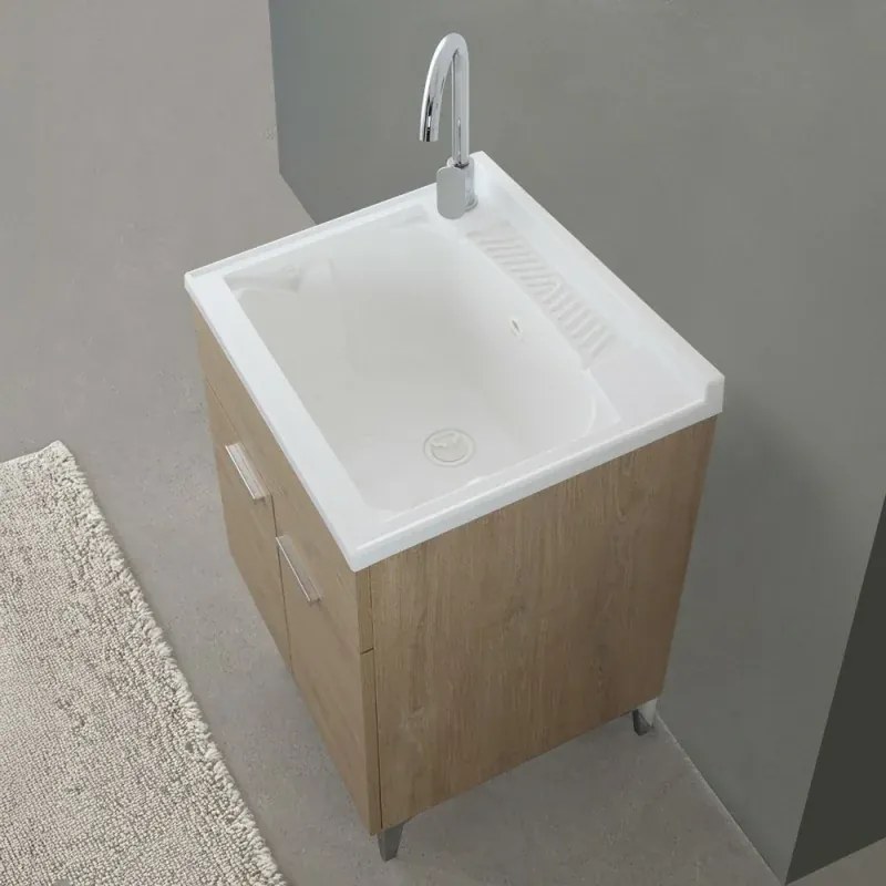 Mobile lavatoio 60x50 cm rovere con vasca in resina e asse lavapanni