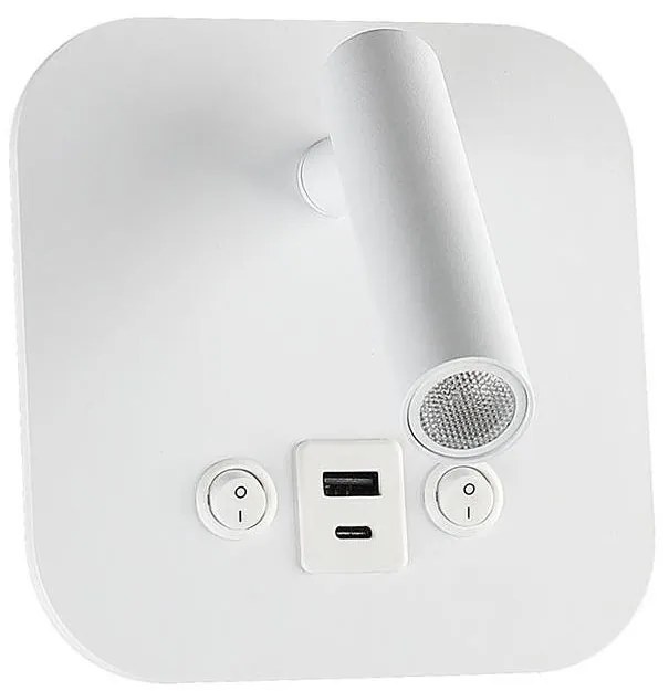 Spot da parete LED con porta USB, 8W, 230V, 3000K, bianco