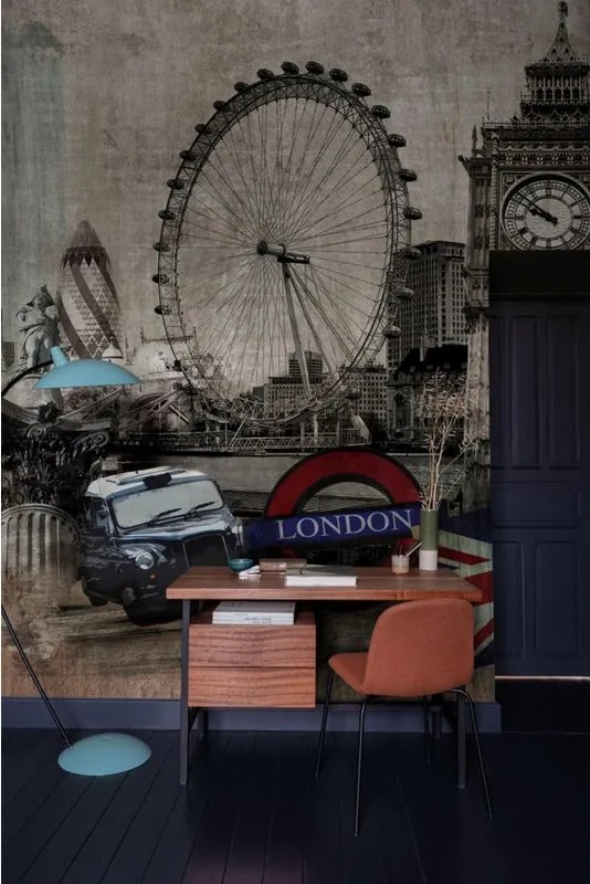 Fotomurale GRANDECOLIFE London, grigio, nero, rosso, blu 371X280 cm