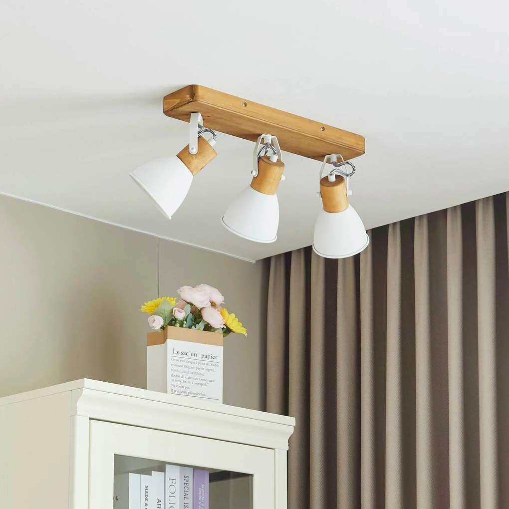 Lindby faretto da soffitto Merela, bianco, 45 cm, a 3 luci, legno, E14