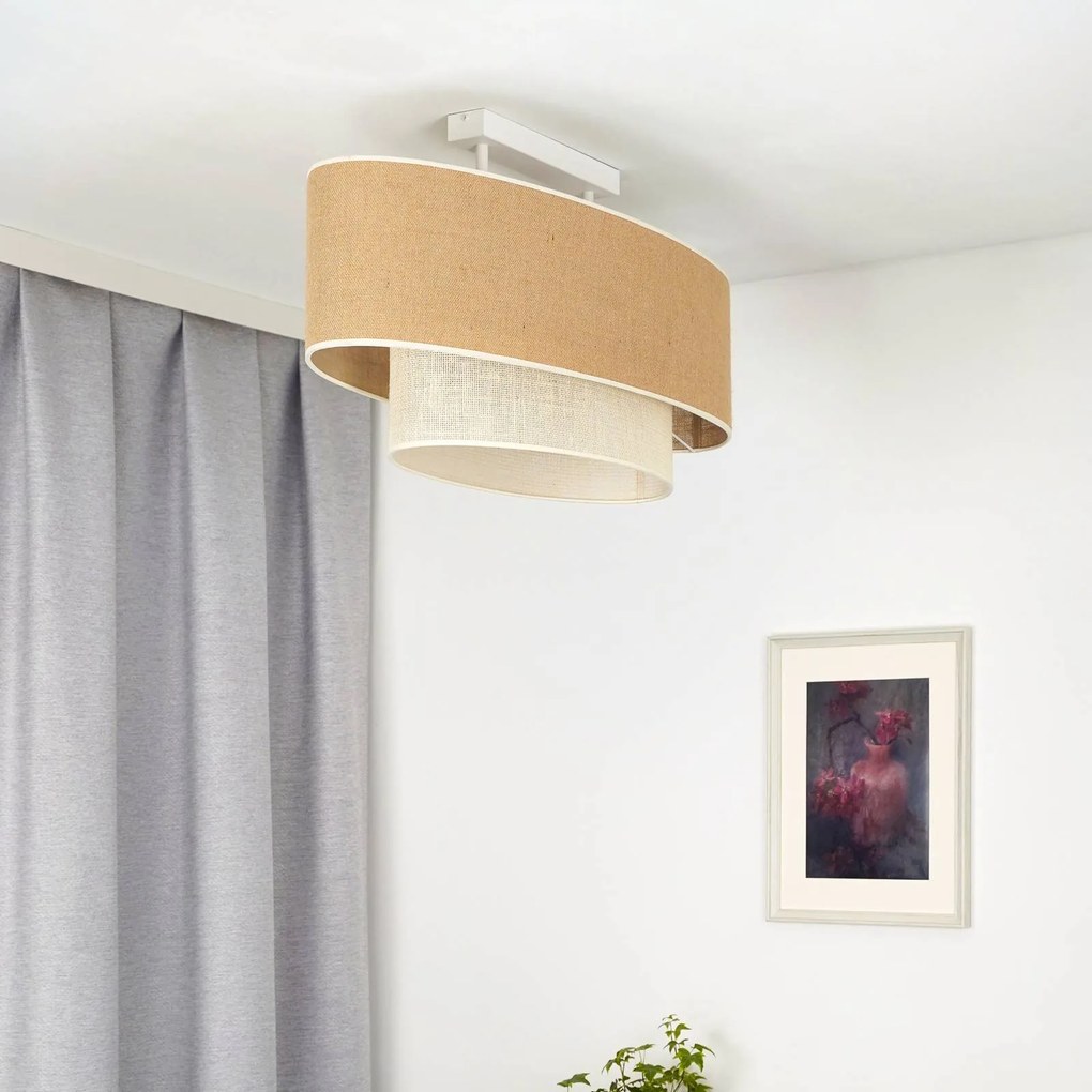 Euluna plafoniera Boho in juta, marrone naturale/bianco, lunghezza 80 cm