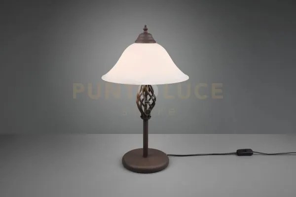 Rustica lampada da tavolo metallo ruggine con diffusore vetro bianc...