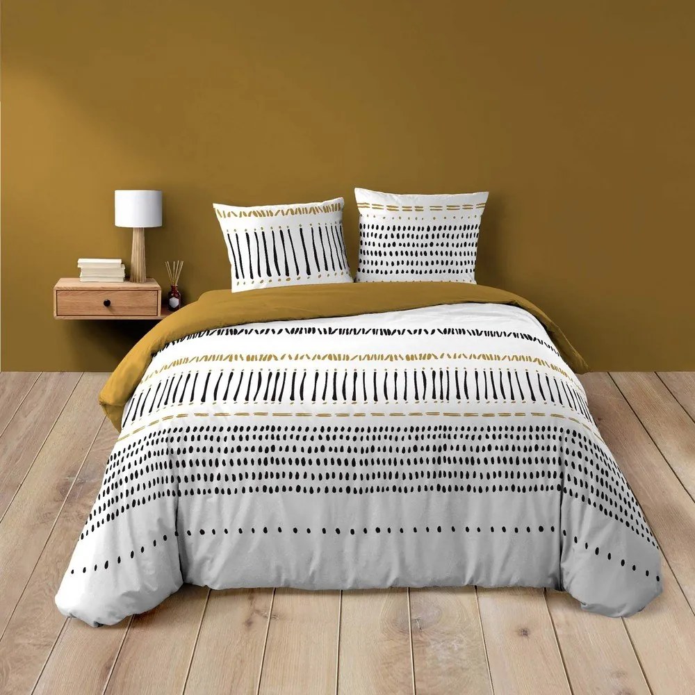 Set copripiumino e federa color senape/bianco in cotone per letto matrimoniale ed esteso 240x220 cm Chicago – douceur d'intérieur