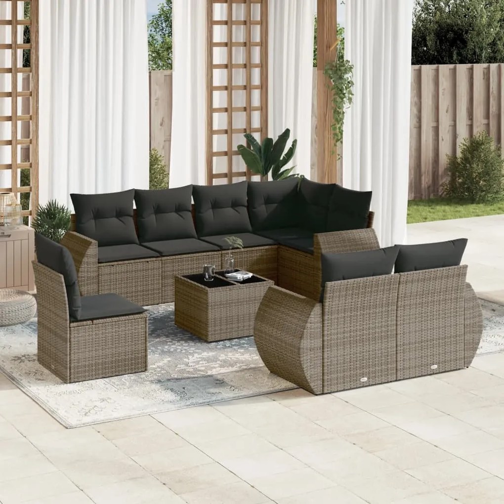 Set Divano da Giardino 9 pz con Cuscini Grigio in Polyrattan