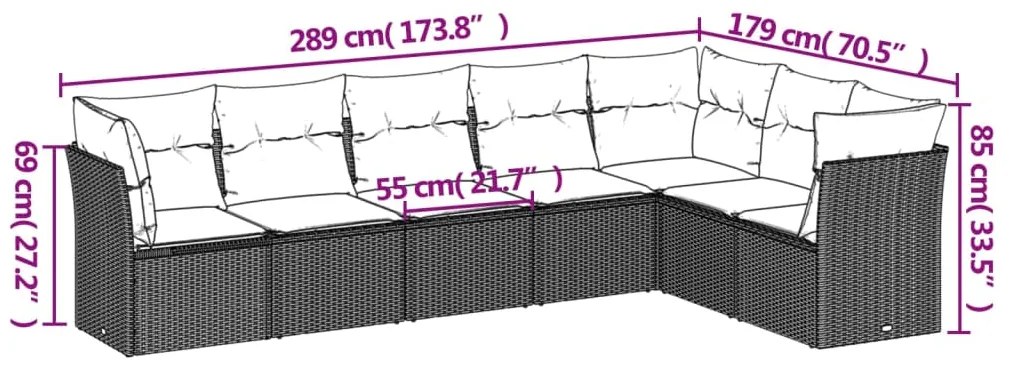 Set Divani da Giardino 7 pz con Cuscini Marrone in Polyrattan