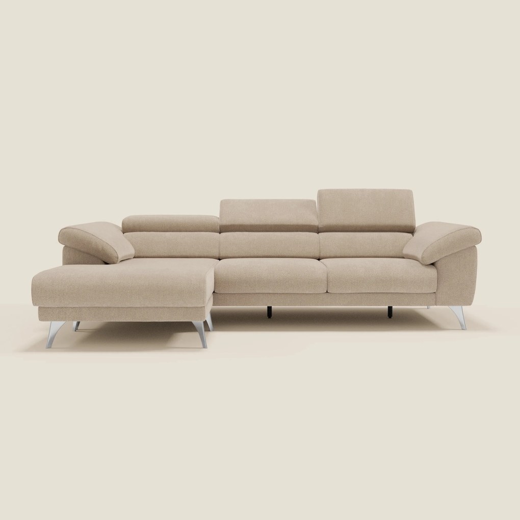 Donatello Divano angolare con sedute scorrevoli braccioli contenitore e poggiatesta in tessuto morbido smacchiabile T23 beige