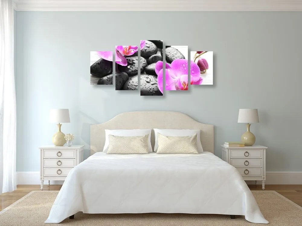 Quadri 5 pezzi – Bellissima armonia di pietre e orchidea