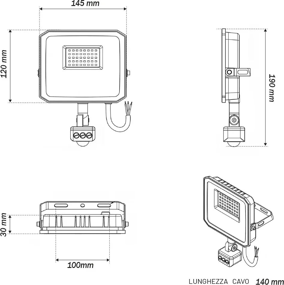Faro LED 30W IP65 Nero con Sensore di Movimento e OSRAM chip LED Colore Bianco Caldo 3.000K