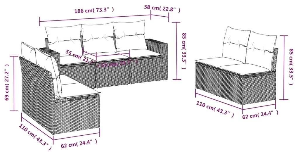 Set divani da giardino 7 pz con cuscini beige in polyrattan