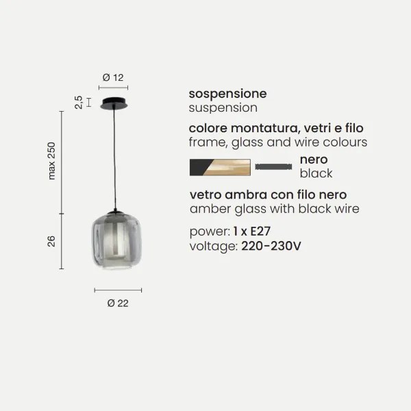 Lampada sospensione D22 cm - vetro soffiato Ambra BONNIE MOD2