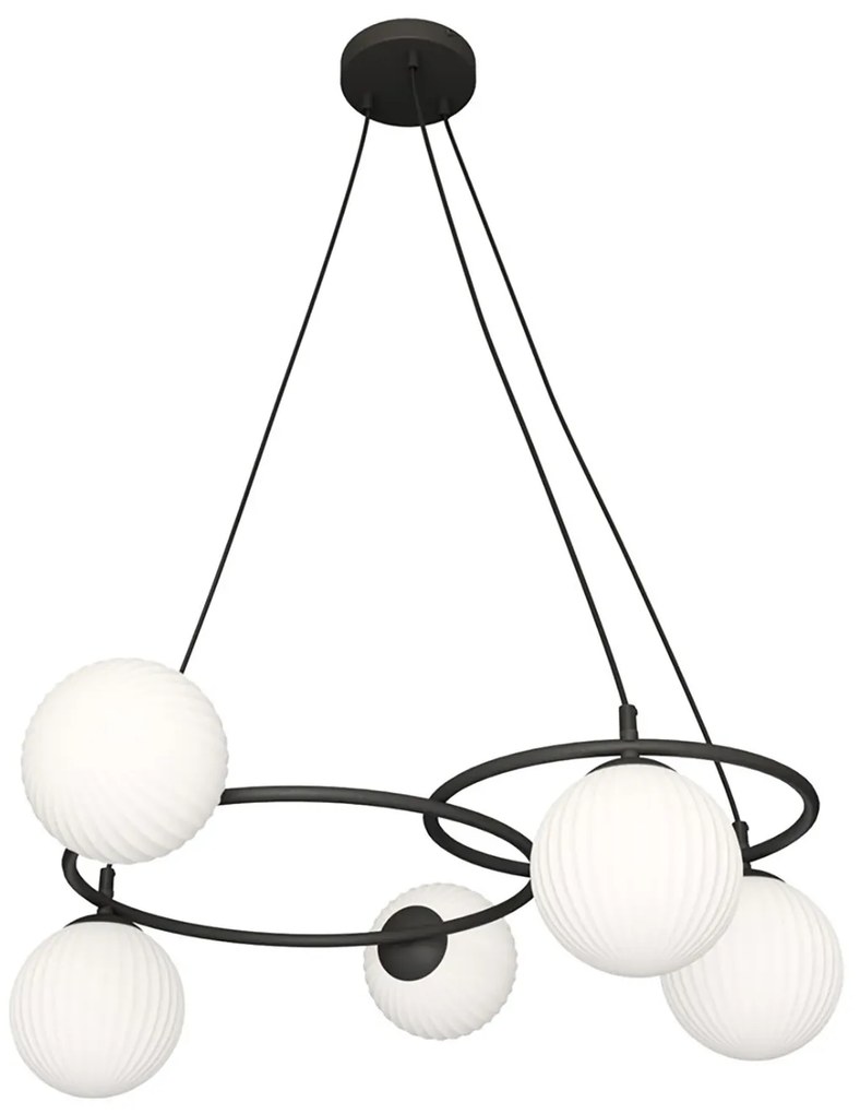 Lampadario 5 Luci Eolo A Cerchi E Diffusori In Vetro Rigato Opale