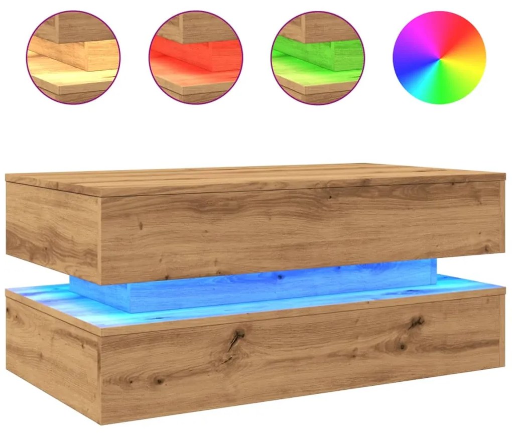 Tavolino da salotto con luci led rovere artigianale 90x50x40 cm
