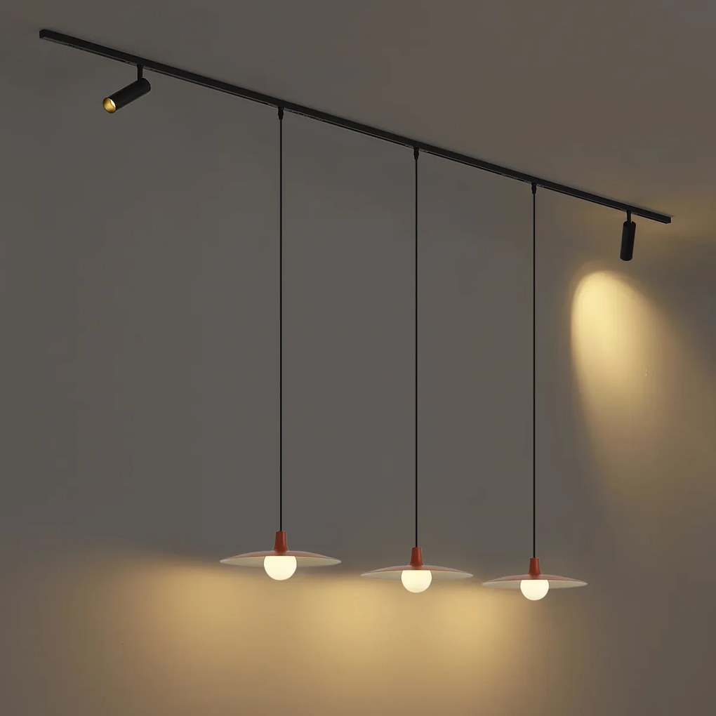 Sistema di illuminazione a binario moderno nero con 2 faretti e 3 luci a sospensione arancioni monofase - Slimline Uzzy Panzi
