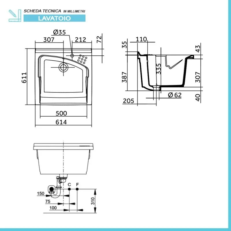 Lavatoio in ceramica 61x61 cm ad incasso per mobile modello Revine