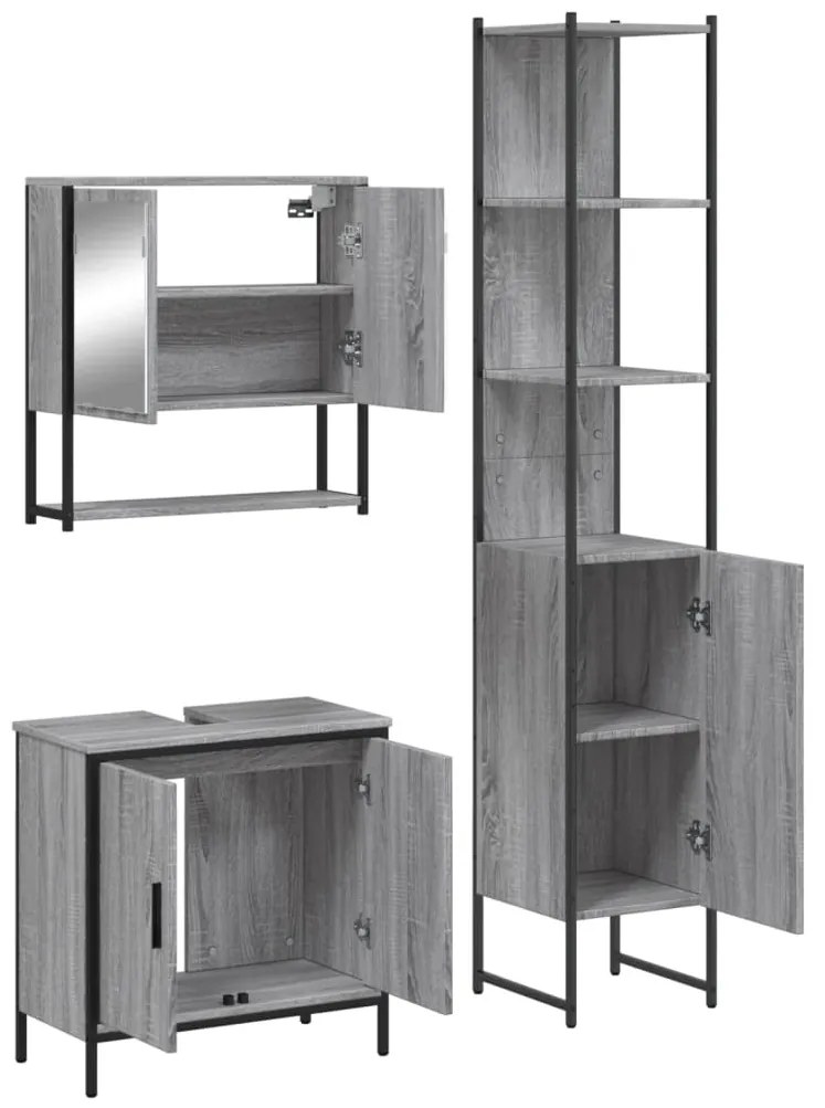 Set mobili da bagno 3 pz grigio sonoma in legno multistrato