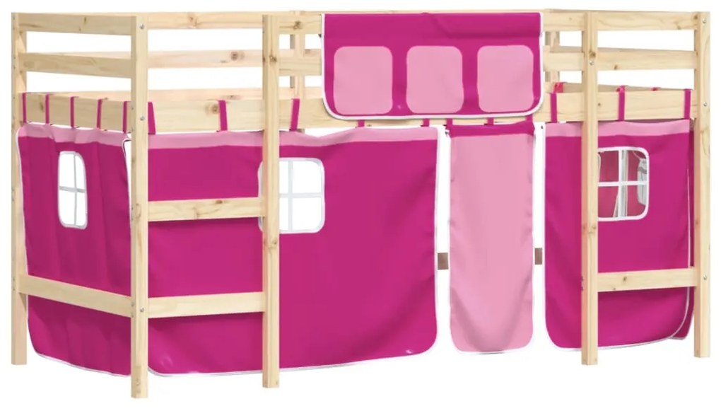 Letto a soppalco con tende bambini rosa 90x200 cm massello pino