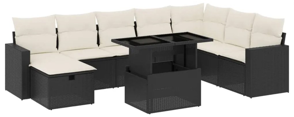 Set divani da giardino 9 pz con cuscini nero in polyrattan