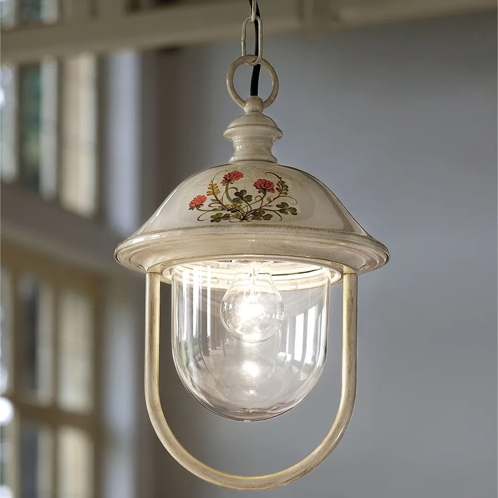 Sospensione Esterno Classica Bari Metallo Ceramica Bianco Sfumato Oro 1 Luce E27