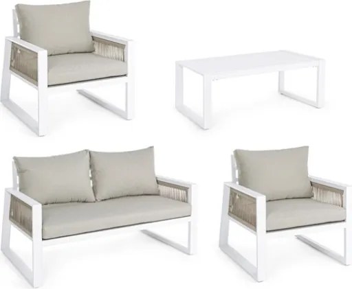 Salottino Da Esterno In Corda E Alluminio Con Cuscini E Tavolino Bianco Captiva Bizzotto