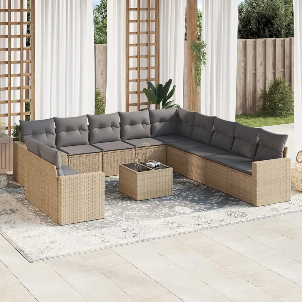 Set divani da giardino 12 pz con cuscini beige in polyrattan