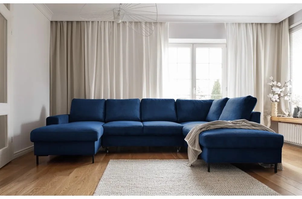 Divano letto angolare in velluto a coste blu scuro (angolo destro) Lofty Lilly - Miuform