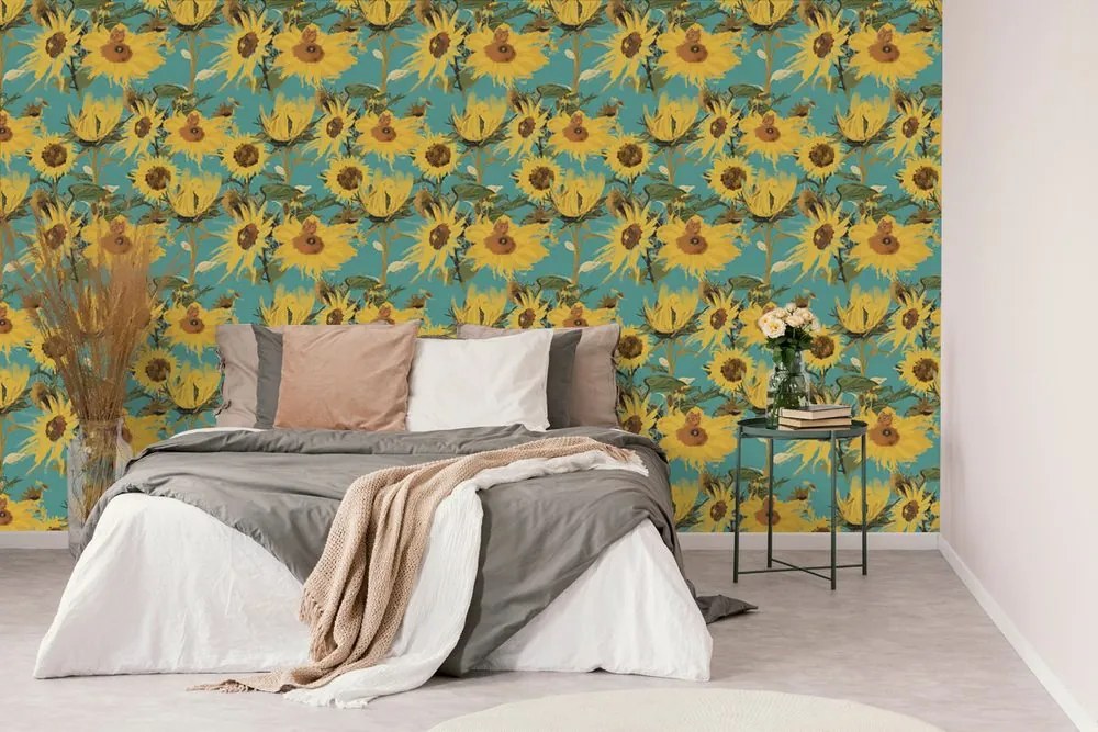 Carta da parati – Girasoli su sfondo blu