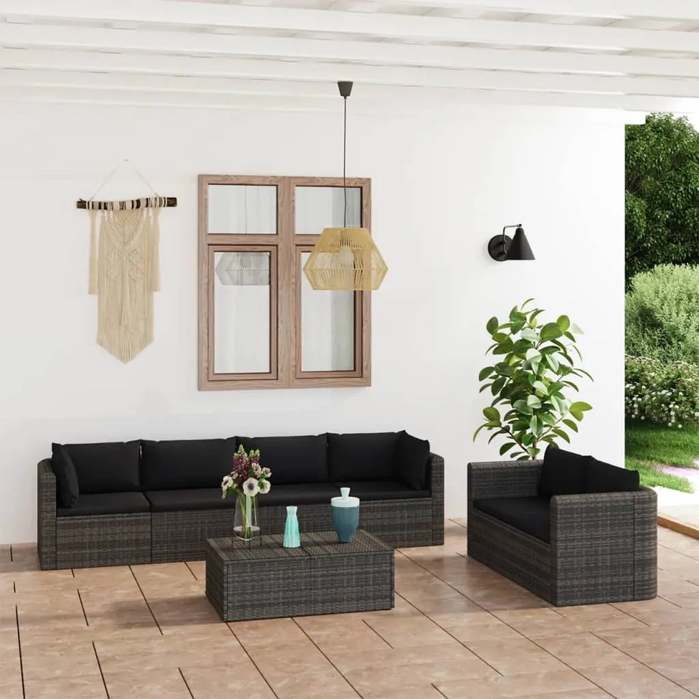 Set divani da giardino 7 pz con cuscini in polyrattan grigio