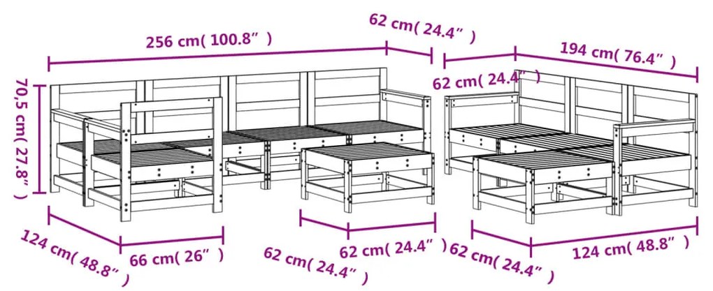 Set Salotto da Giardino 10 pz Grigio in Legno Massello di Pino