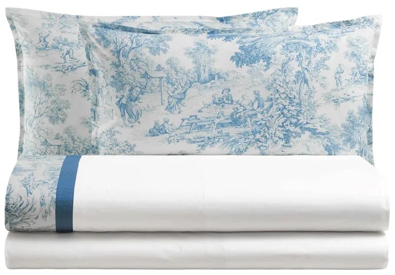 Lenzuola matrimoniali Toile de Jouy Biancoperla in cotone  Colore Blu, Dimensioni e Misure Matrimoniale