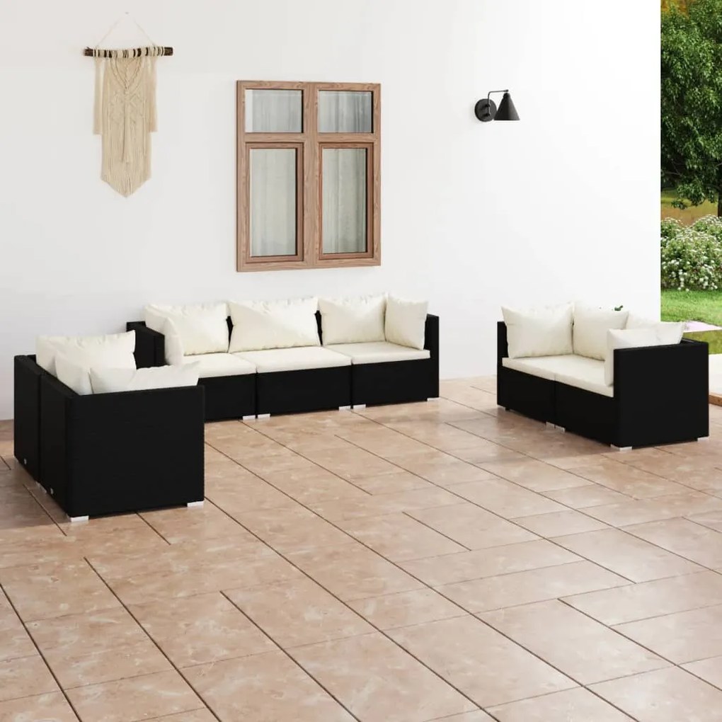 Set divani da giardino 7 pz con cuscini in polyrattan nero