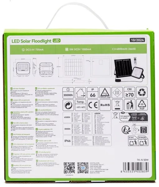 Aigostar - Proiettore solare LED dimmerabile 50W/3,4V IP66 con telecomando