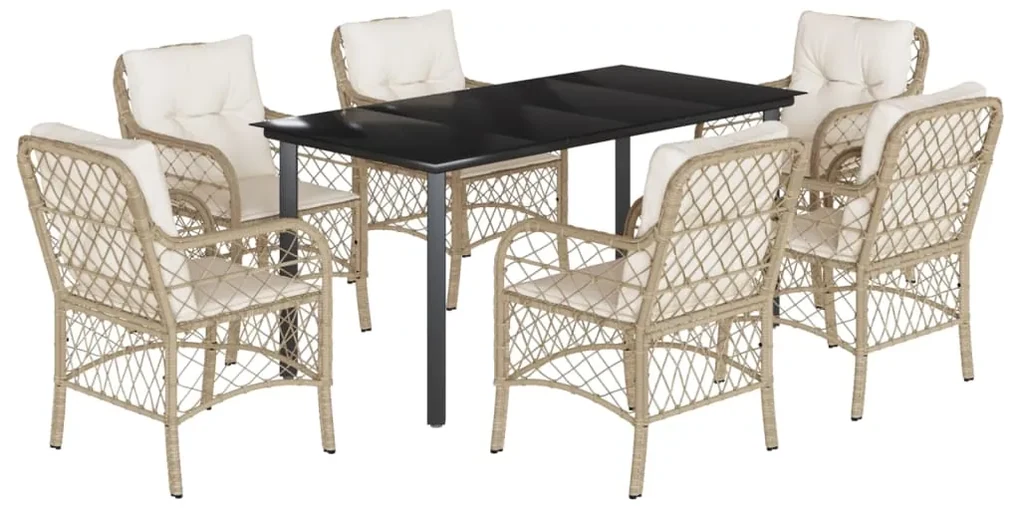 Set da pranzo da giardino 7 pz con cuscini beige in polyrattan