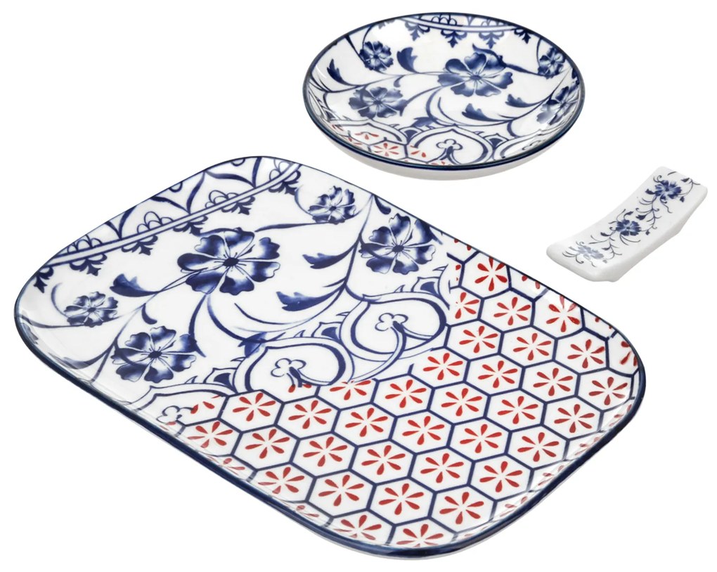 Set sushi 3 pezzi piattino rettangolare 23 cm blu rosso Sushiko