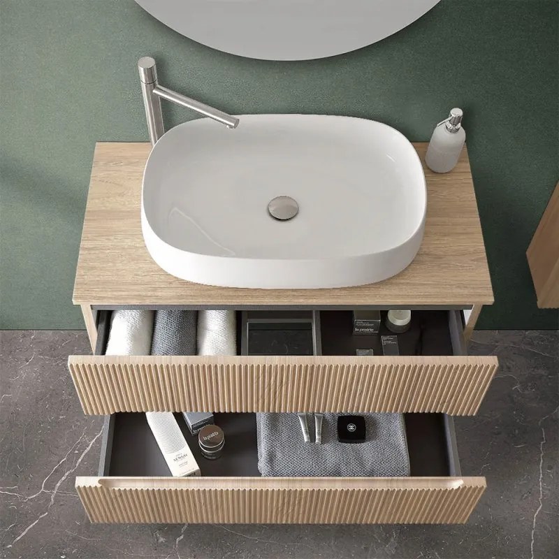Mobile bagno sospeso cannettato 90 cm sabbiato con top e specchio   Bali