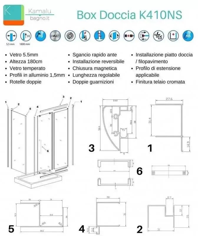 Kamalu - Box doccia 3 lati 80x120x80 apertura scorrevole vetro trasparente K410NS